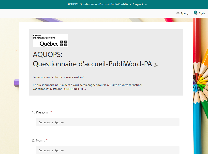 Formulaire questionnaire d.accueil